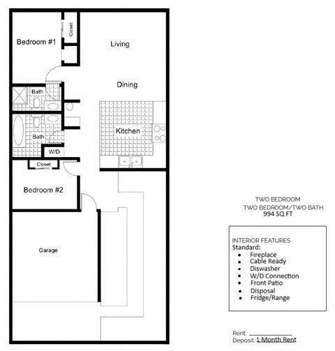 Floor plan for 2 beds, 2 baths, 994 sqft